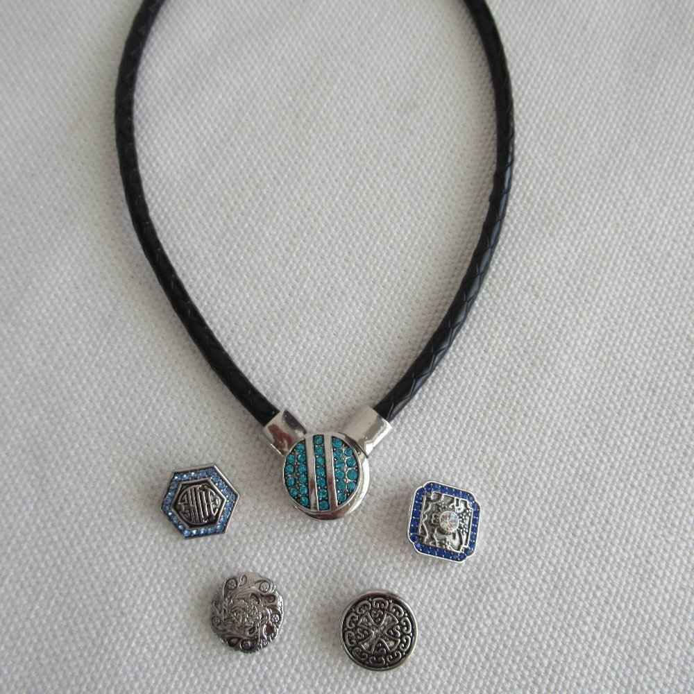 Silver Choker Necklace w/ Interchangeable Pendants Black Braided Leather Cord